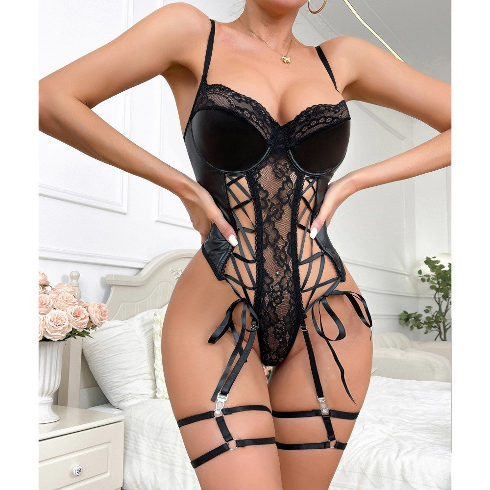 Lingerie Bodysuit With Pu Leather And Lace Trim Push Up Bra Fitted Underwear For Nightclub Bodysuits