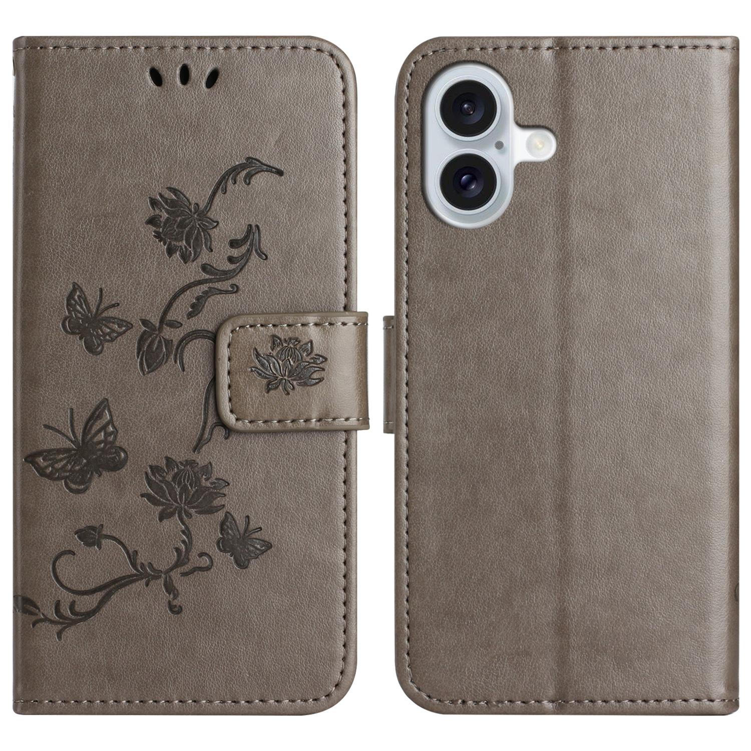

For iPhone 16 Plus Case PU Leather Wallet Phone Cover Butterfly Flower Pattern Grey