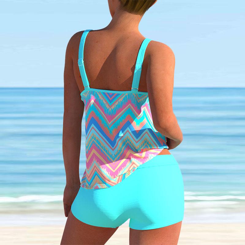 Women's Shoulder Strap Swimsuit Tooth Stripes Print Bikini Tankini Swimsuit