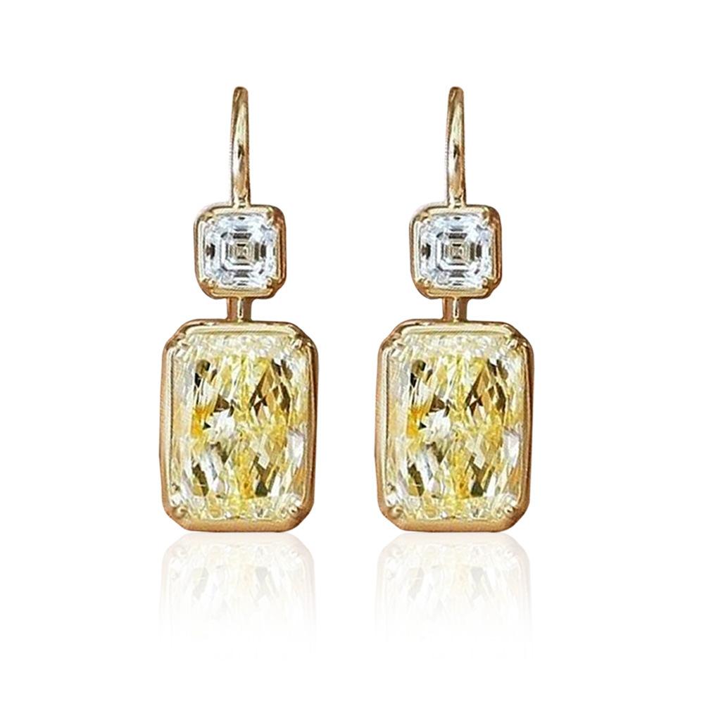 Korean High-End Colored Treasure Earrings Internet Celebrity Style Yellow Diamond Square Zircon Women'S Earrings Simple And Versatile Earrings