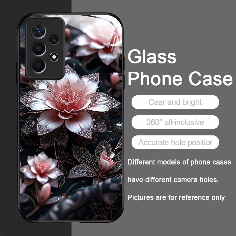 Vintage Floral Stylish Lotus Flower Pattern Tempered Glass Phone Case for Samsung Galaxy A56 A55 A54 A53 A52 A36 A14 A15 Covers