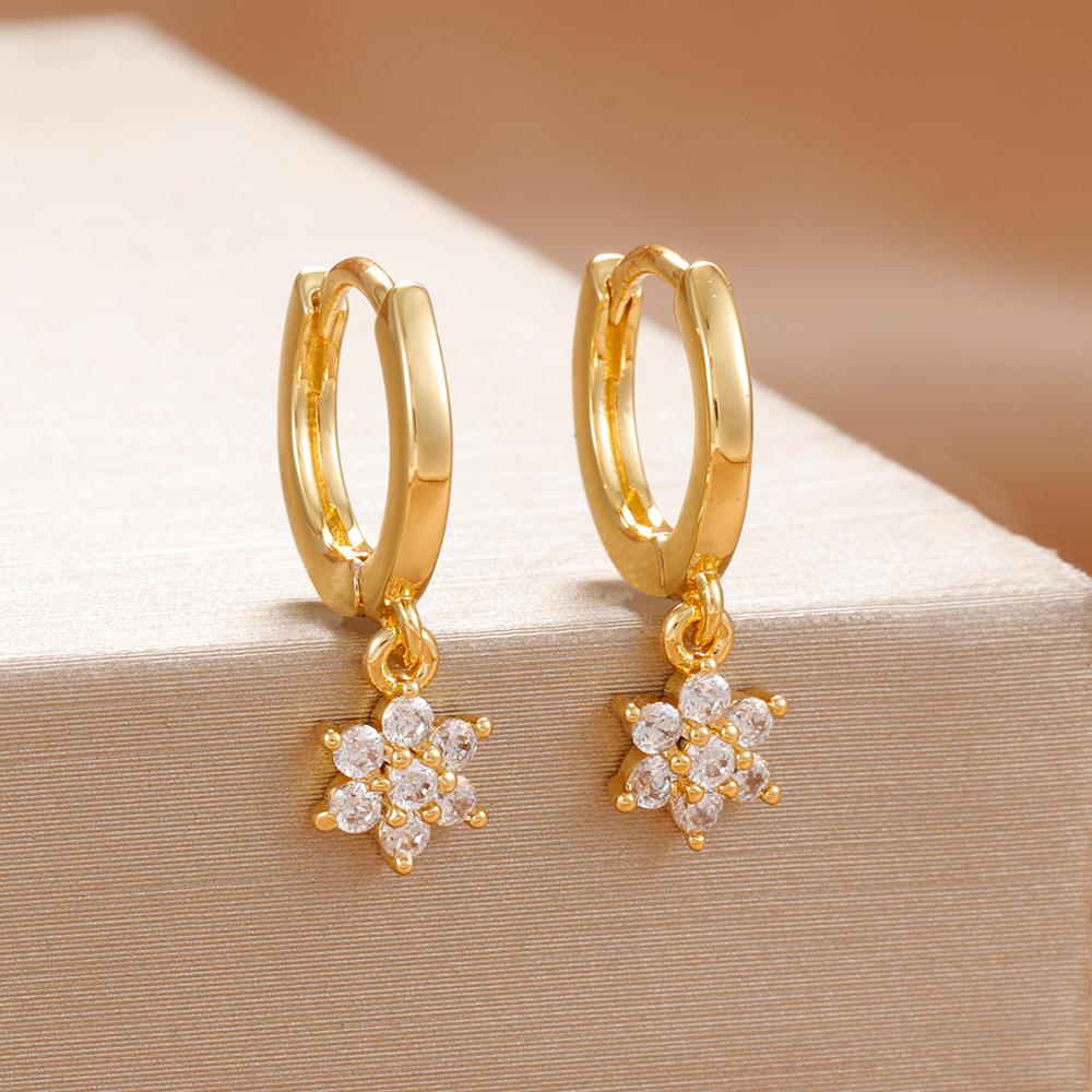 Stainless Steel Crystal Zircon Flower Pendant Hoop Earrings Hypoallergenic Retro Small Fragrance Style Earring Statement Jewelry