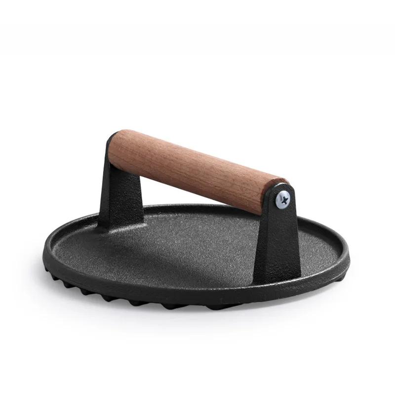 YOMDID 1PC Round Steak Pressing Plate Cast Iron Hamburger Meat Press Tool Steak Plate Wooden Handle Kitchen Barbecue Teppanyaki