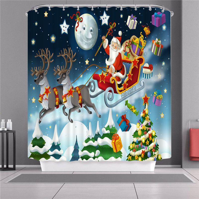 Curtain Shower Christmas With Hook Waterproof Fabric Bathroom Santa Xmas Claus