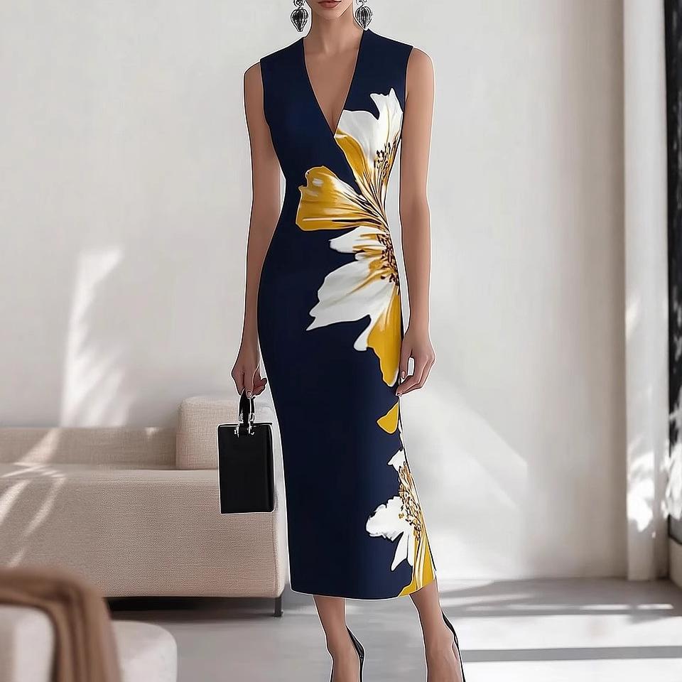 Women's V Neck Sleeveless Floral Print Midi Dress Slim Fit High Waist Elegant Bodycon Party Dress