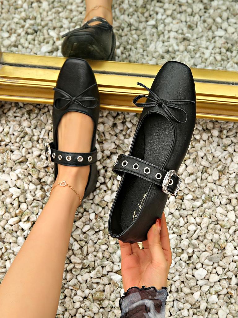 French Retro Square Head Grandma Shoes One-word Buckle with Doudou Single Shoes Temperament Flat Bow Spring and Summer