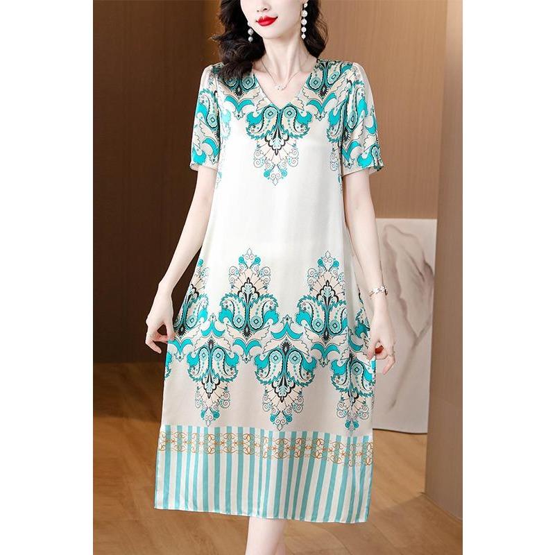 Floral Print V-neckline Dress In Silk with Short Sleeves and Waist Belt