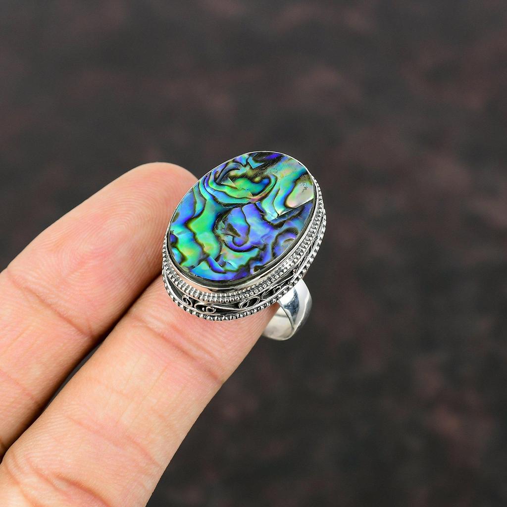 Abalone Shell Ring Handmade Boho Style Jewelry 925 Sterling Silver Ring Natural Gemstone Ring Vintage Jewelry Adjustable Ring Gift For Women