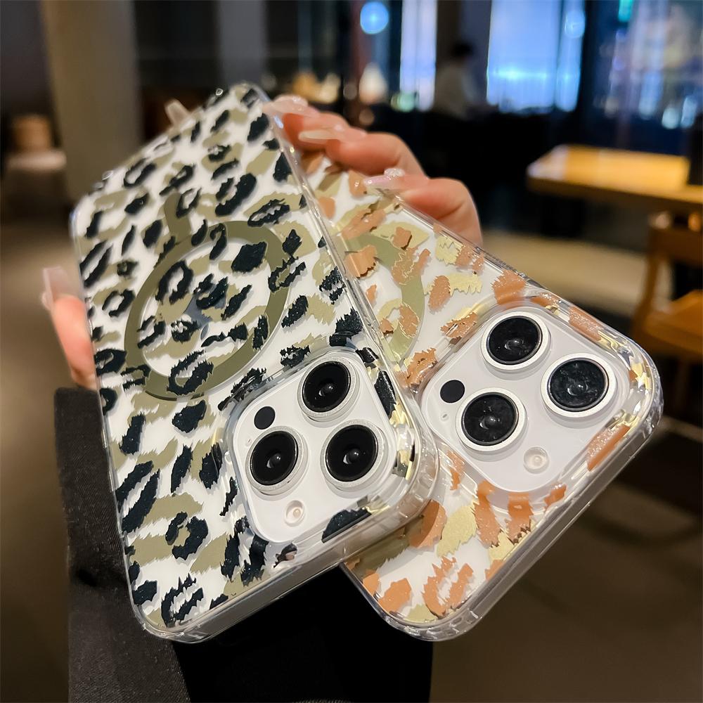 Leopard Print Soft Phone Magnetic Case For iPhone 17 Air 16 15 14 13 Pro Max Plus 16E Transparent Shockproof Back Soft Protective Cover