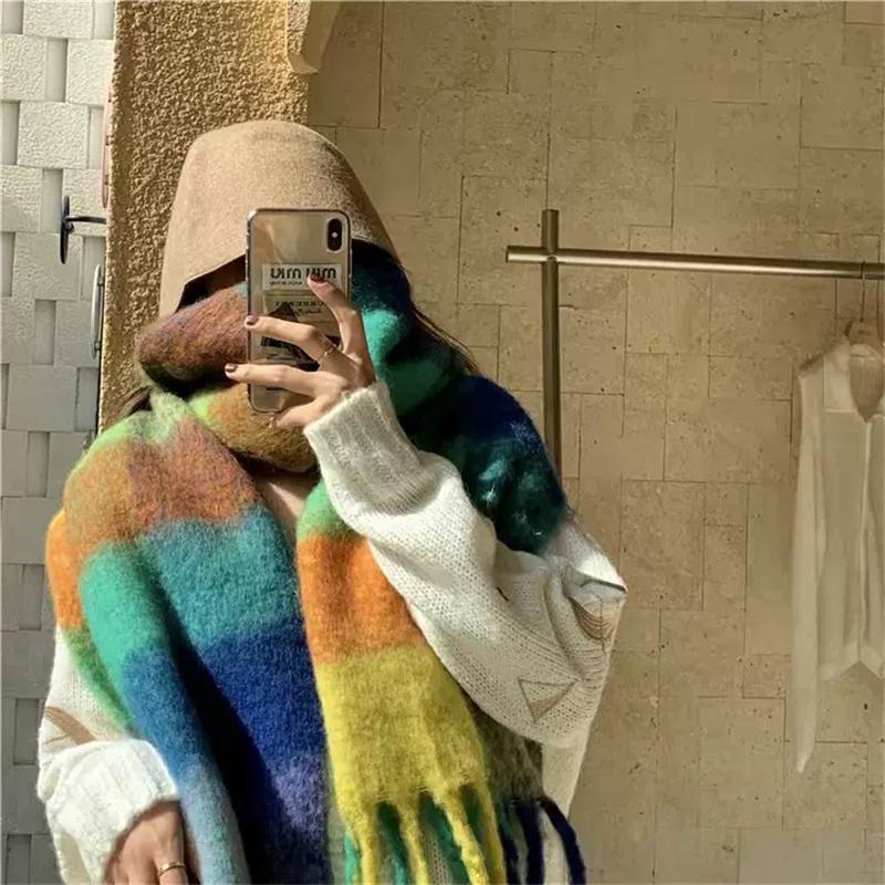 200x40cm Extra Long Wide & Thick Winter Scarf Fake Cashmere Fringe Shawl Rainbow Plaid Windproof Scarf Wrap for Women