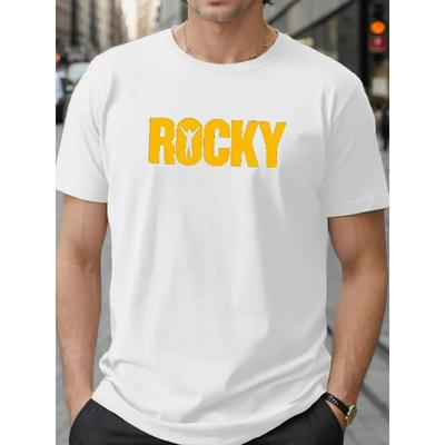 European Sizes ROCKY Print Tee Shirt | Casual Short Sleeve T-shirt for Men, Crew Neck, Geometric-pattern, Slight Stretch Fabric