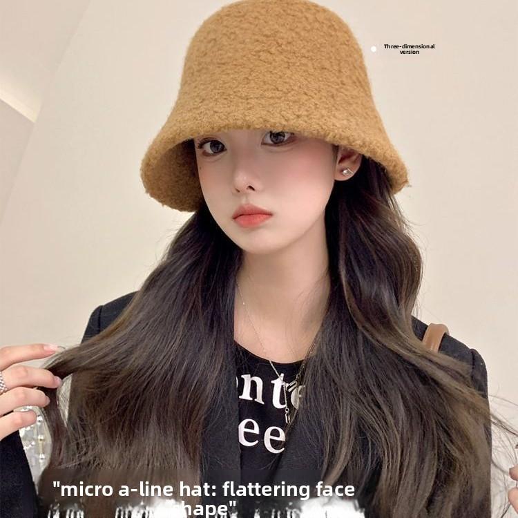 Knit Fisherman Hat For Women Winter Warm Plush Bucket Cap With Face Slimming Design