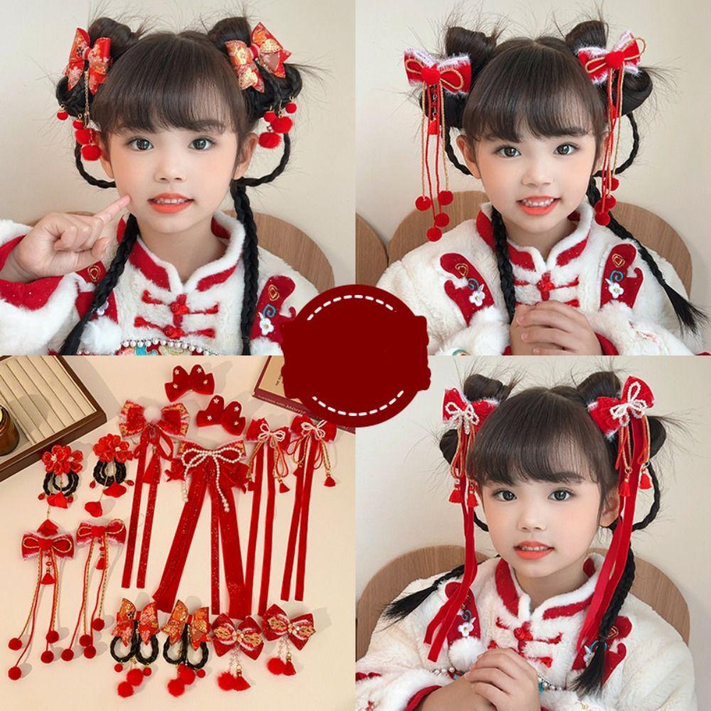 Wig Plush Ball Hairpin Ribbon Princess Forehead Chain Sweet Red Bow Hair Clip Women