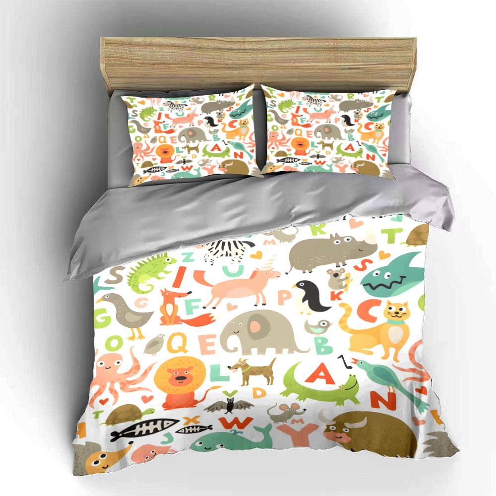 Alphabet animals cartoon pattern Print Bedding Set 1 Duvet Cover 2 Pillowcases for Adult and Children Luxury Gift Full Size