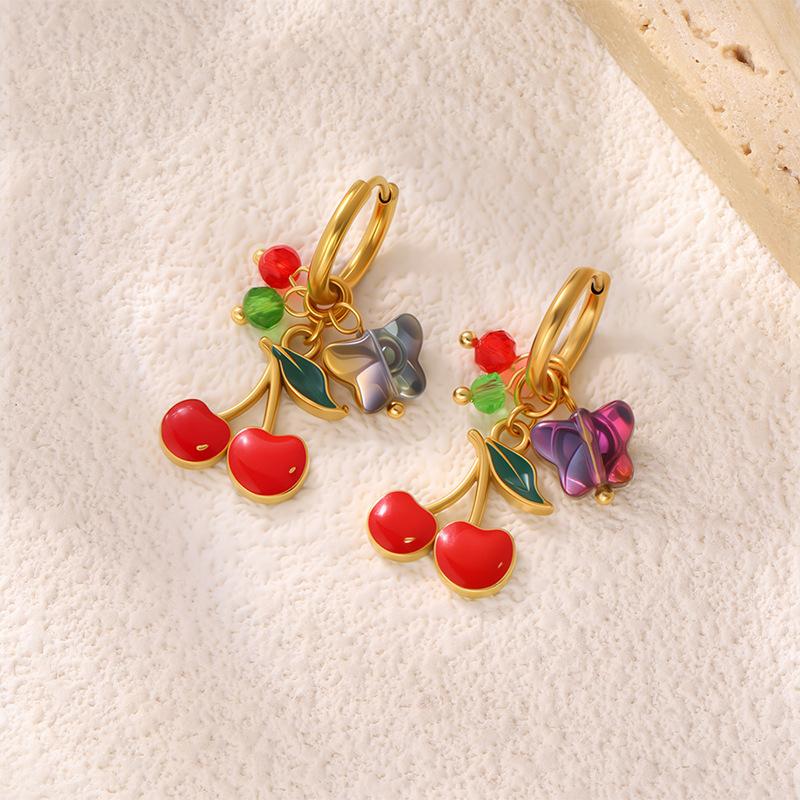Fashion Enamel Butterfly Cherry Earrings - Luxury Country-style Ear Jewelry Design - Uncommon Gold Ear Pendants
