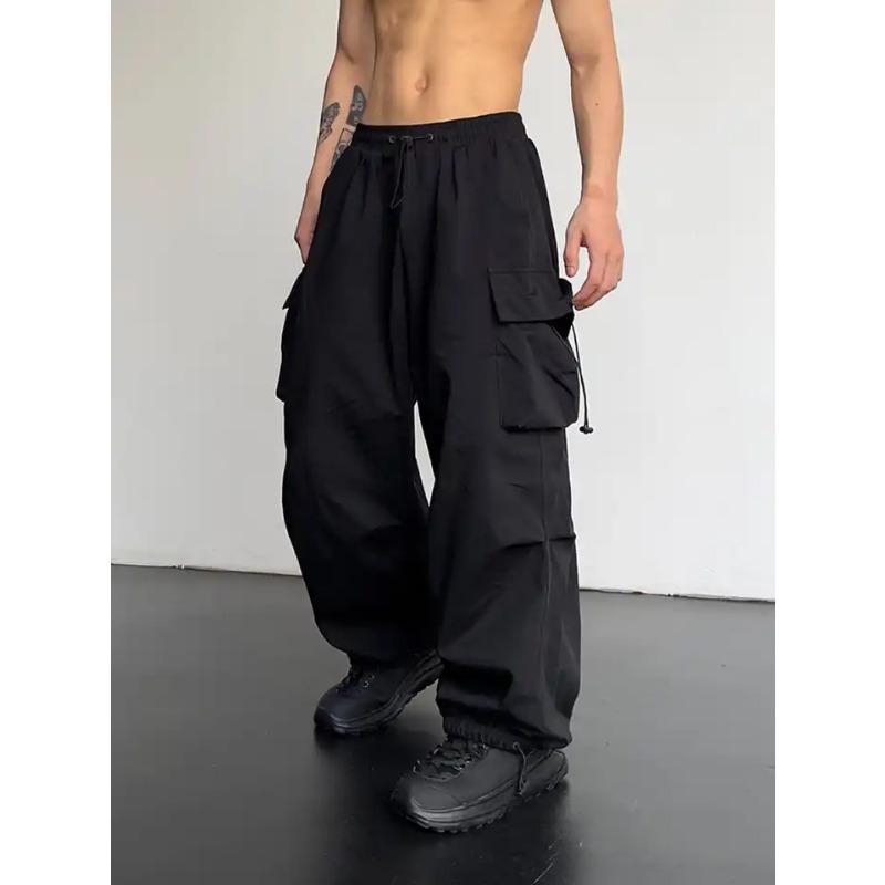 Men's and Women's Multi-pocket Overalls Couple Loose Tied Feet Solid Color Drawstring Casual Long Pants