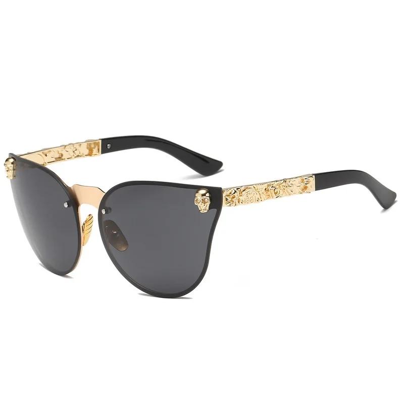 Gothic Skull Sunglasses Women Men Rimless Cat Eye with Skull Head Rhinestone Mirrored Ladies Sun Glasses Punk Metal Shades