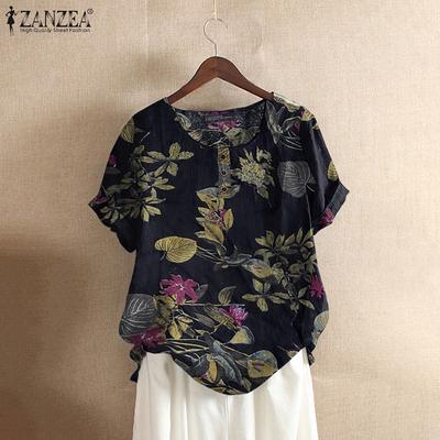 T-shirt da donna a maniche corte con scollo a O T-shirt estiva retrò casual in cotone con stampa floreale