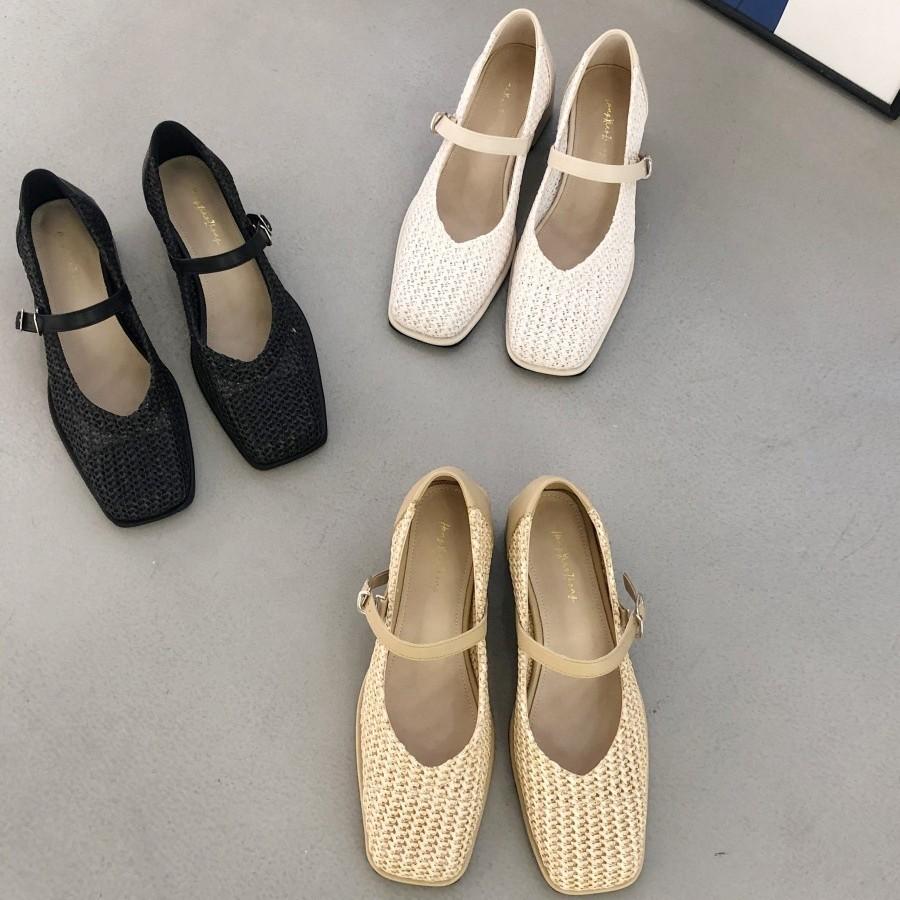 Late Evening Wind Thick Heel Niche Woven Bohemian Bag Head Sandals Fairy Shoes 2025 Spring and Summer Vacation Empty Single Shoes