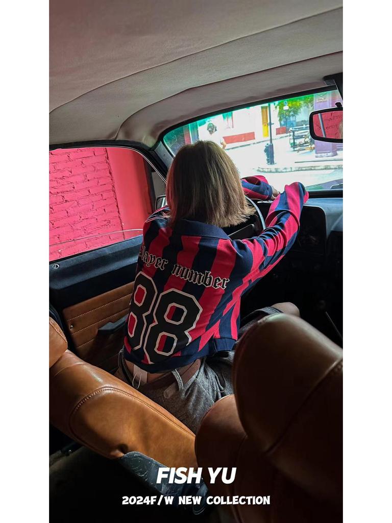 2025 Spring/Autumn Retro Jersey Vertical Stripe Letter Print Polo Collar Sweatshirt for Women