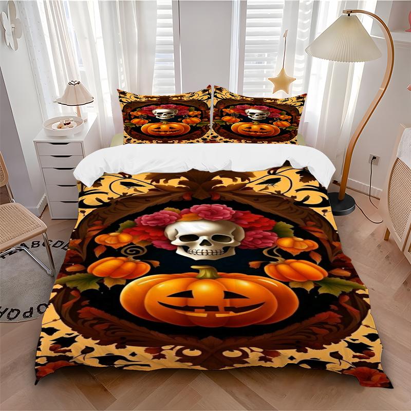 3Pcs Halloween Skull Pumpkin Bedding Set Soft Fabric Duvet Cover Pillowcases Home Christmas Xmas Halloween Gift 1 Duvet Cover 2 Pillowcase Eg116