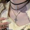 Gothic Dark Style Beaded Thorns Rivet Cross Pendant Necklace Women's Punk Vintage Double Layer Chain Choker Jewelry Accessory