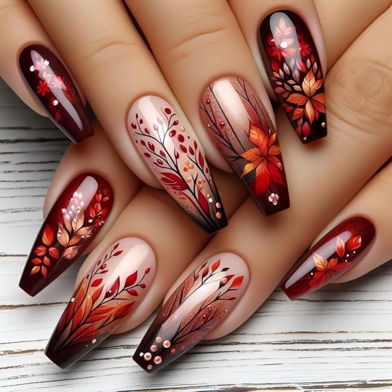 Glitter Maple Leaf Press On Nails Medium Almond Fake Nails Red Yellow Maple Leaves Designs False Nails Dark Brown Glossy Full Cover Artificial Glue