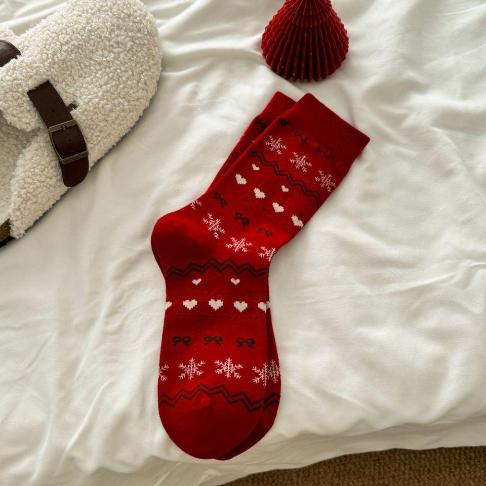 Damen Fair Isle Schneeflocken Mid-Calf Socken - Retro Ethno Stil, Herbst/Winter Baumwoll-Krempelsocken