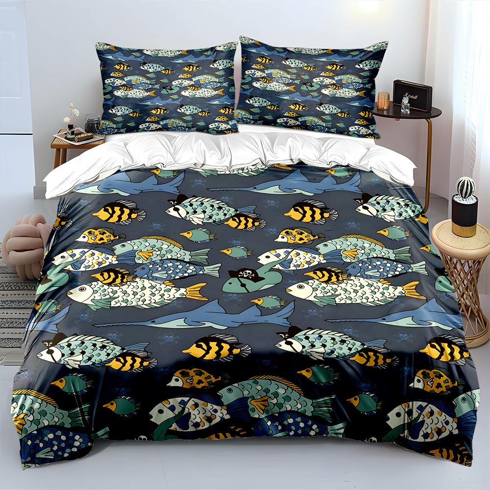 Colorful Fish And Ocean Pattern Duvet Cover Set Digital Print Colorful Polyester Bedding With Zipper Closur For Kids Gifts