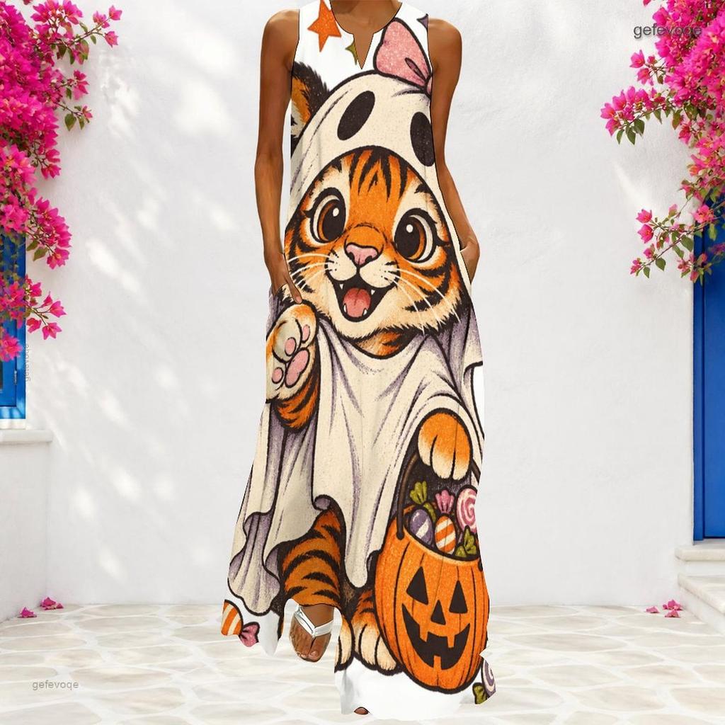 Women Plus Size Sleeveless Small V Neck Maxi Dress Halloween Witch Lamb Cartoon Print Loose Long Dress