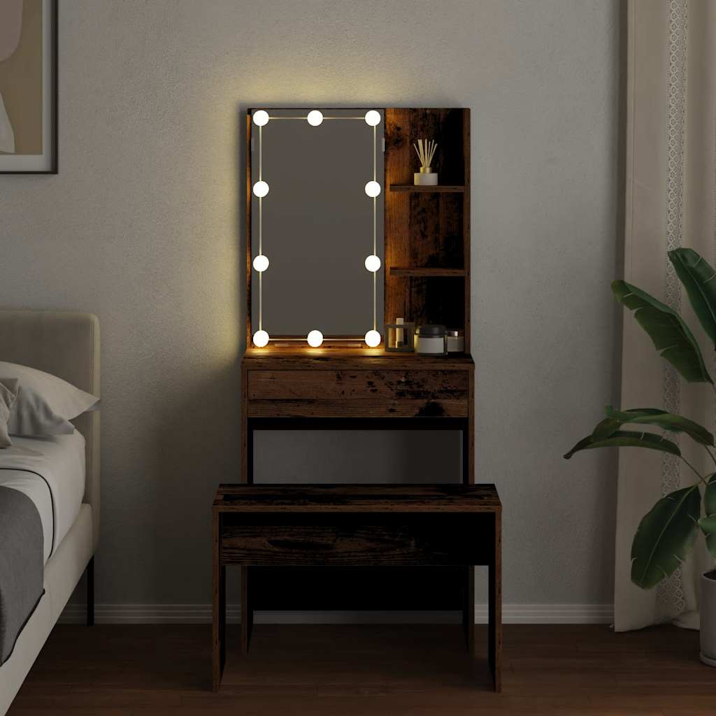 Makeup Table Set with LED Lights Rustic Wood Effect Engineered Wood