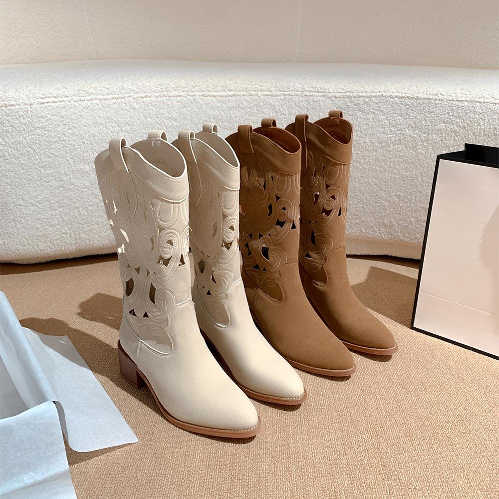 

Ретро вестерн ковбойские сапоги женские летние новые полые сандалии сапоги толстый каблук средние сапоги остроносые женские