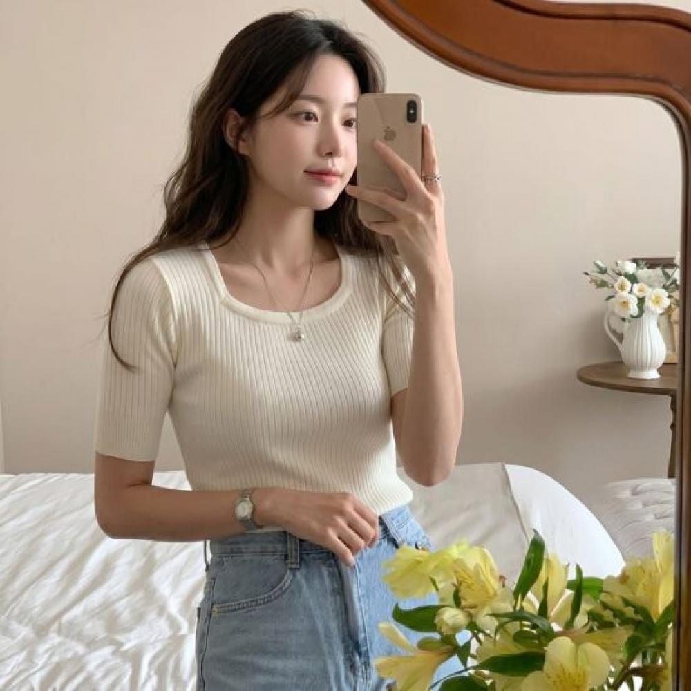STyle LaTTe Women Square Neck Ribbed KniT T shirT Summer KniT
