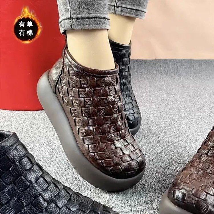 Foreign Style Thick-soled Woven Pattern New Martin Boots Women's 2025 Autumn and Winter Round Head Retro Height-increasing Short Tube One-pedal Leathe