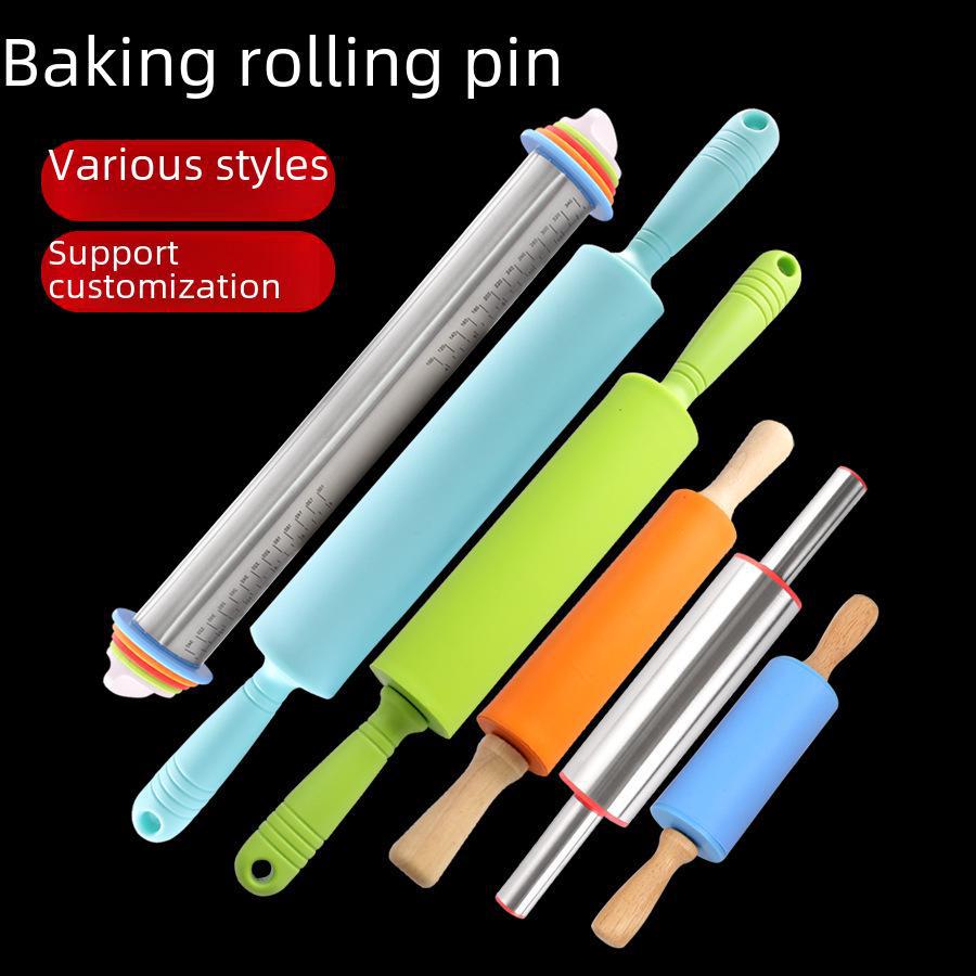 Silicone Rolling Pin Set: Large, Medium & Small with Wooden Handles, Silicone Mat, Dumpling Dough Tools & Hammer