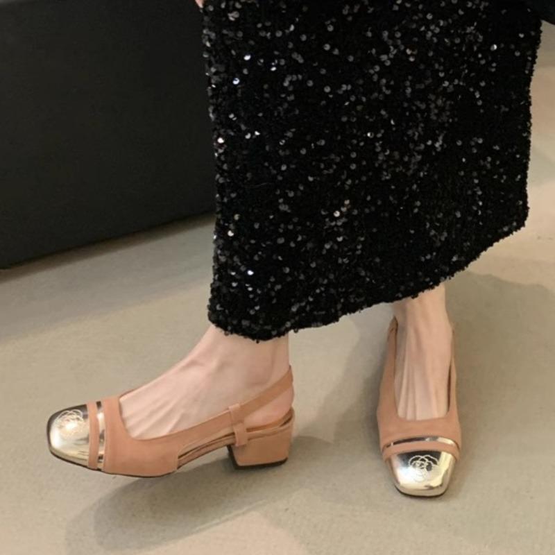 Fashion Spring New Baotou Sandals Women's Fashion Square Head Shallow Mouth Splicing Anti-slip Wear-resistant Thick Heel Shoes