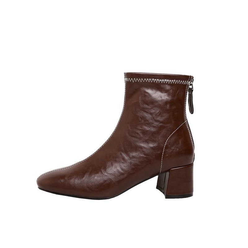 Autumn And Winter New Soft Leather French Square Head Thin Boots Women'S Versatile Korean Thick High Heel Bare Boots Martin Boots Retro Short Boots