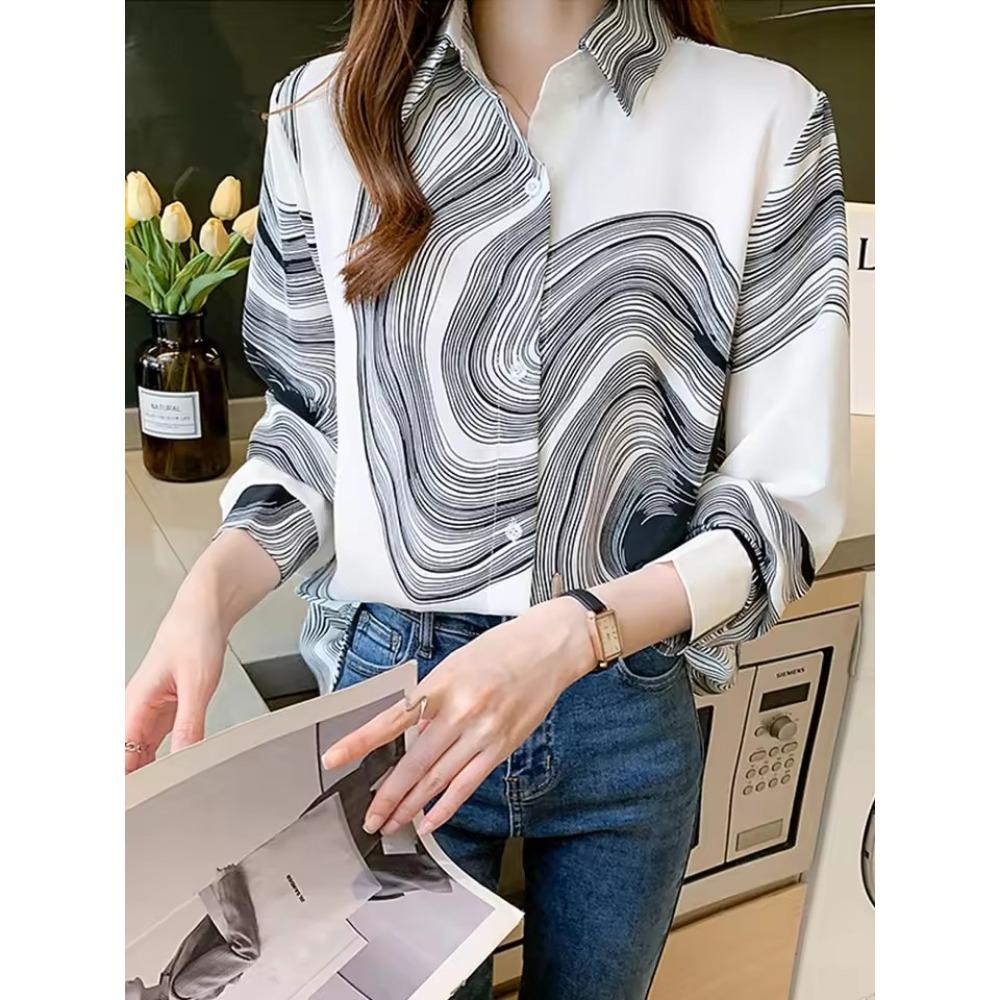Women'S Simple Shirts 2025 New Floral Print Shirts Summer Vintage Lapel Button Tops Elegant Fashion Long Sleeve Blouses Casual