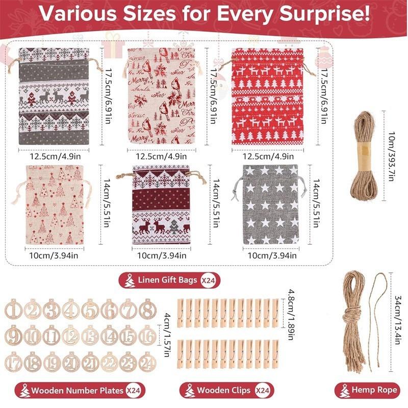 24pcs/set Christmas Gift Bag Set Linen Drawstring Bag Christmas Arrival Calendar Countdown Christmas Candy Bag Cloth Festive