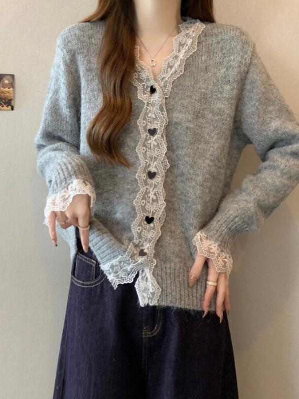 Women's Soft & Fluffy French Lace V-neck Knit Cardigan - Autumn/Winter 2026
