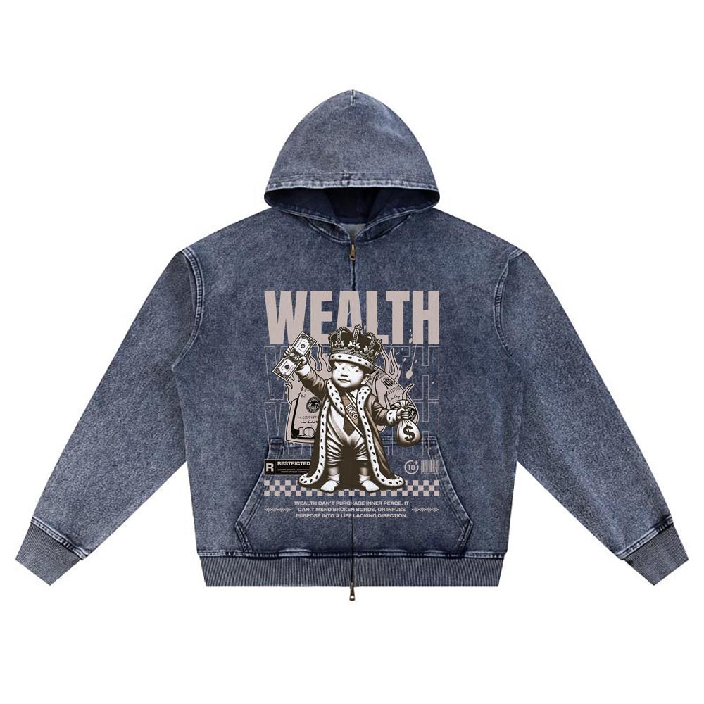 

DTG print Knitted Denim Zip-Up Hoodie Money King Brother Print Zipper Hoodies XL