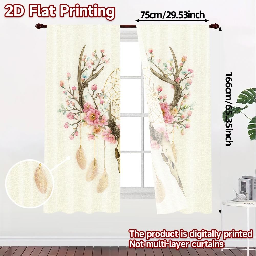 Set Of 2 Flat Printing Curtains Without Rod Floral Skull Design Ramadan Festival Chic Print Polyester Home Curtain Made