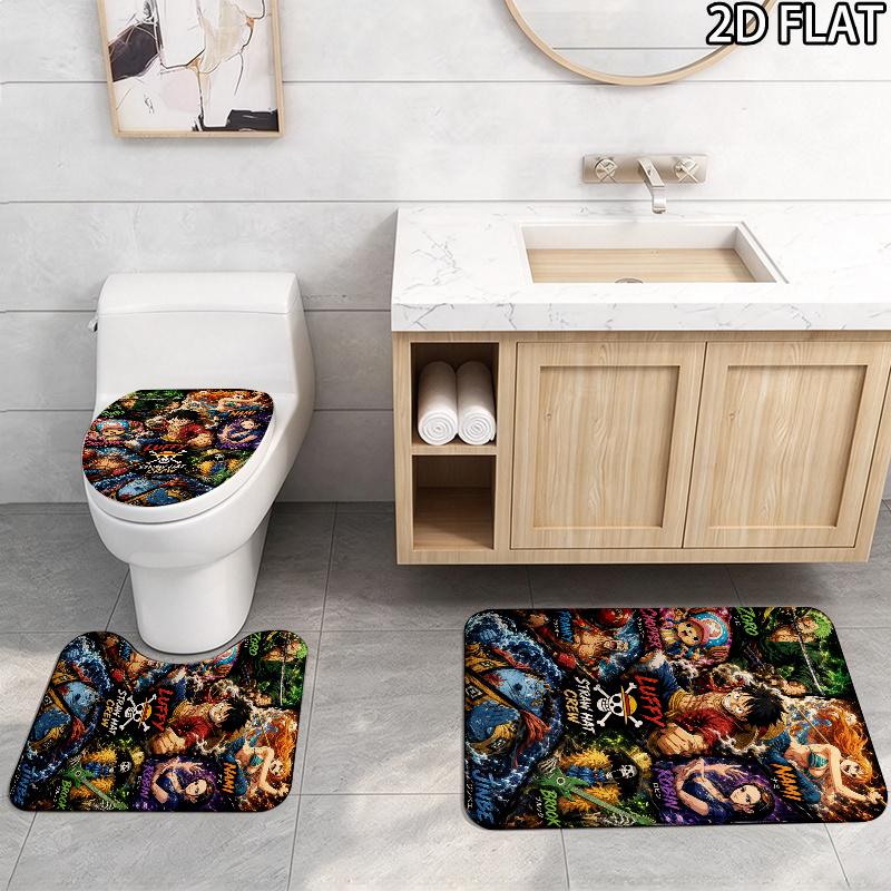 Luffy Anime Pattern 3Pcs Bathroom Rug Set, Non Slip Absorbent Bath Mat, Contour Mat & Toilet Lid Cover, Bathroom Decor