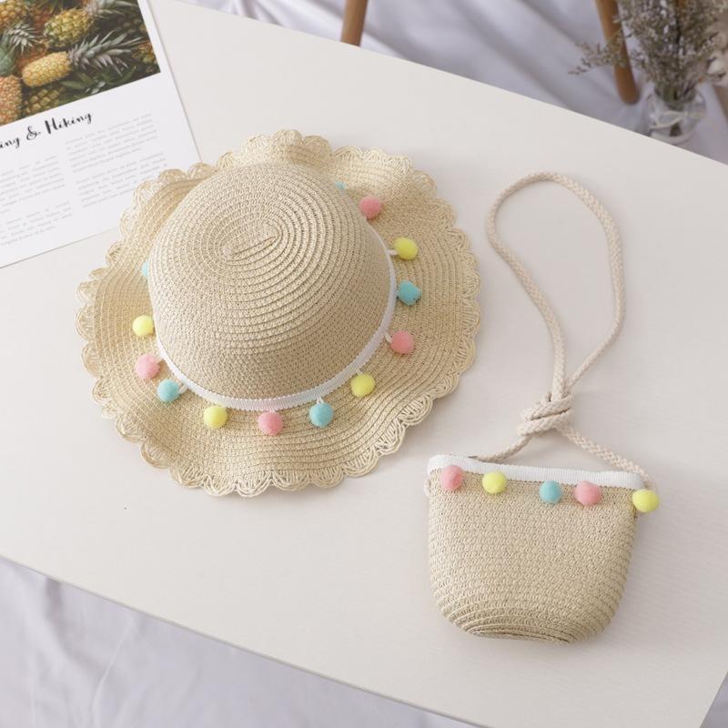 Strohhut für Kinder Sommer Mädchen Strandhut Kinder Sonnenhut Mädchen Sommer Strohhut Tasche Set Sonnenschutz Japan