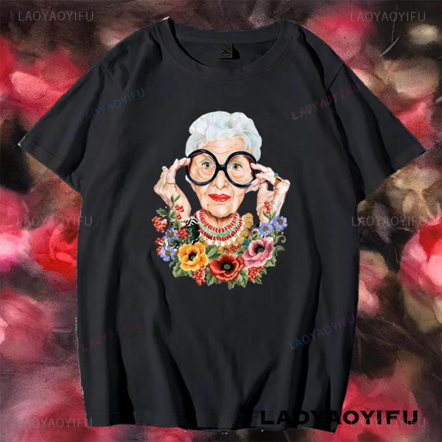 

Iris Apfel Women Summer Printed Cartoon Art T-shirt Loose Casual Harajuku Streetwear Short Sleeve Cotton Female T-shirt Tops S чёрный