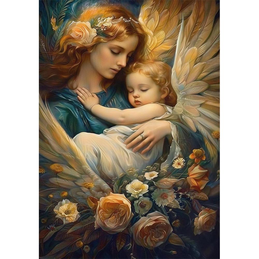 5D DIY Retro Angel Wall Art Round Diamond Painting Church Style Beautiful Angel Devotion Art Home Decoration