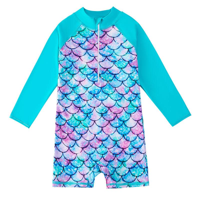 Infant Baby Girl Swimsuit Long Sleeve One-piece Swimwear Mermaid Fish Scales Printed Toddler Girl Bathing Suit Beach Rash Guard