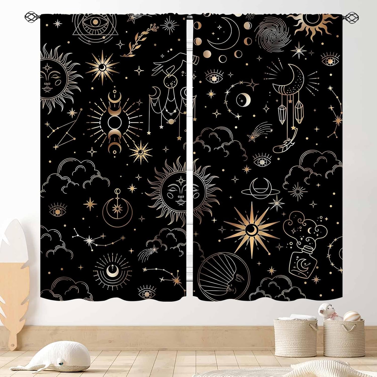 

Шторы с дикими цветами и луной, Бохо Винтаж Фазы луны Ботанические Середина века Лунный свет Растения Эстетика Весенний цветок Блэкаут Окно 53x116CM-2PC