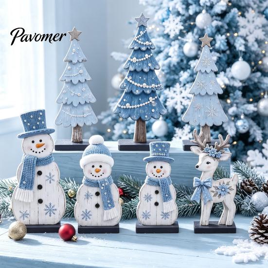 Handcrafted Holiday Gift Ideas 7Pcs Christmas Wooden Tabletop Ornaments, Snowman Tree Reindeer Tiered Tray Table Centerpieces Decor for Mantel, Rustic