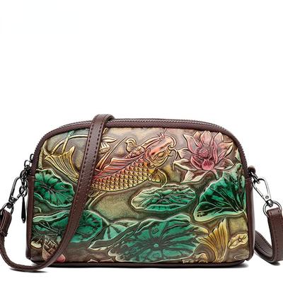 High Quality Leather Handbag Luxury Designer Retro Ethnic Style 3D Printed Shoulder Bag Fashion Diagonal Cross Pocket Phone Bag